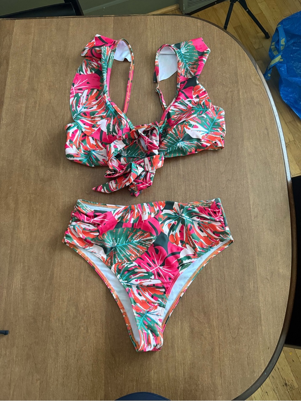 Tropical Tie-Front High-Waist Bikini - Pink Green